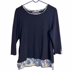 Karen Scott Women’s Navy 3/4 Sleeve Layered Look Top – Floral Trim Size Large